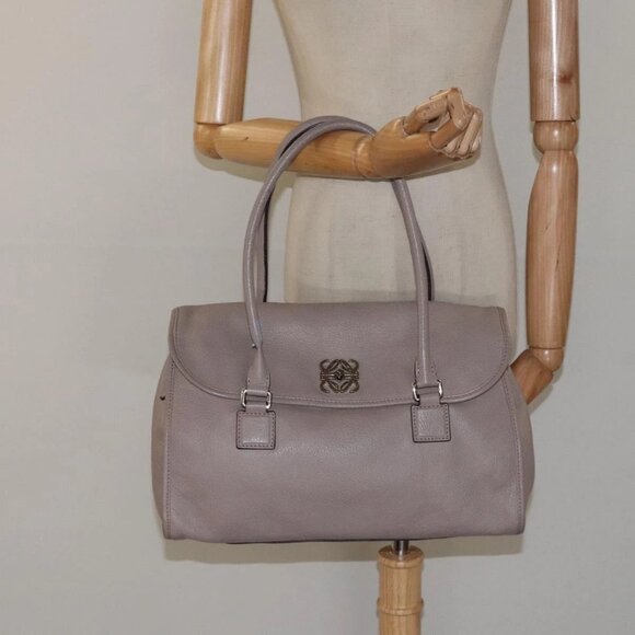 LOEWE Anagram Hand Bag Leather Gray Silver Auth - Picture 1 of 16